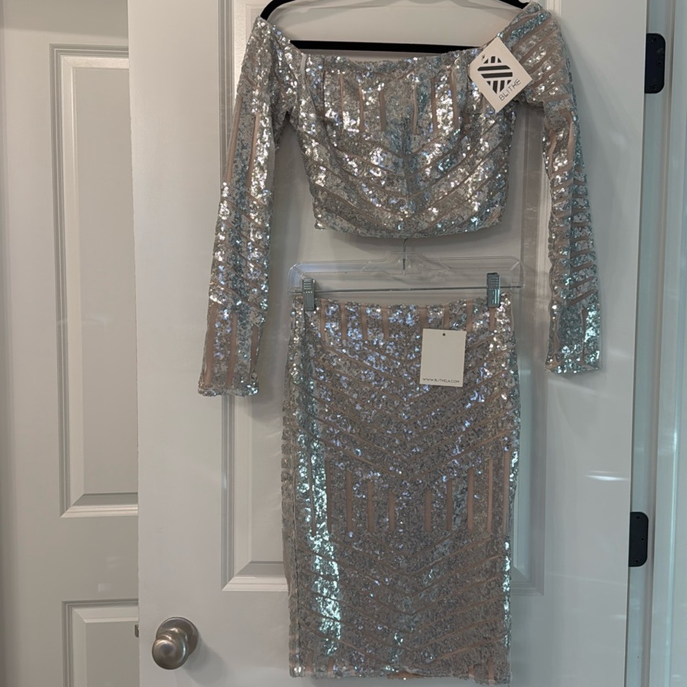 High waisted two-piece sequin off the shoulder dress
